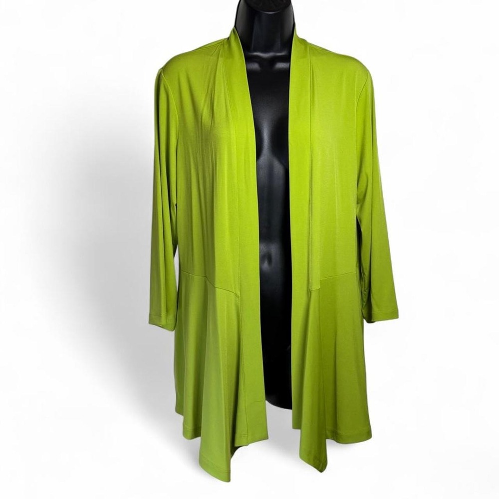 Susan Graver Retro Maximalist Lime Green Open Front Cascade Hem Duster Cardigan